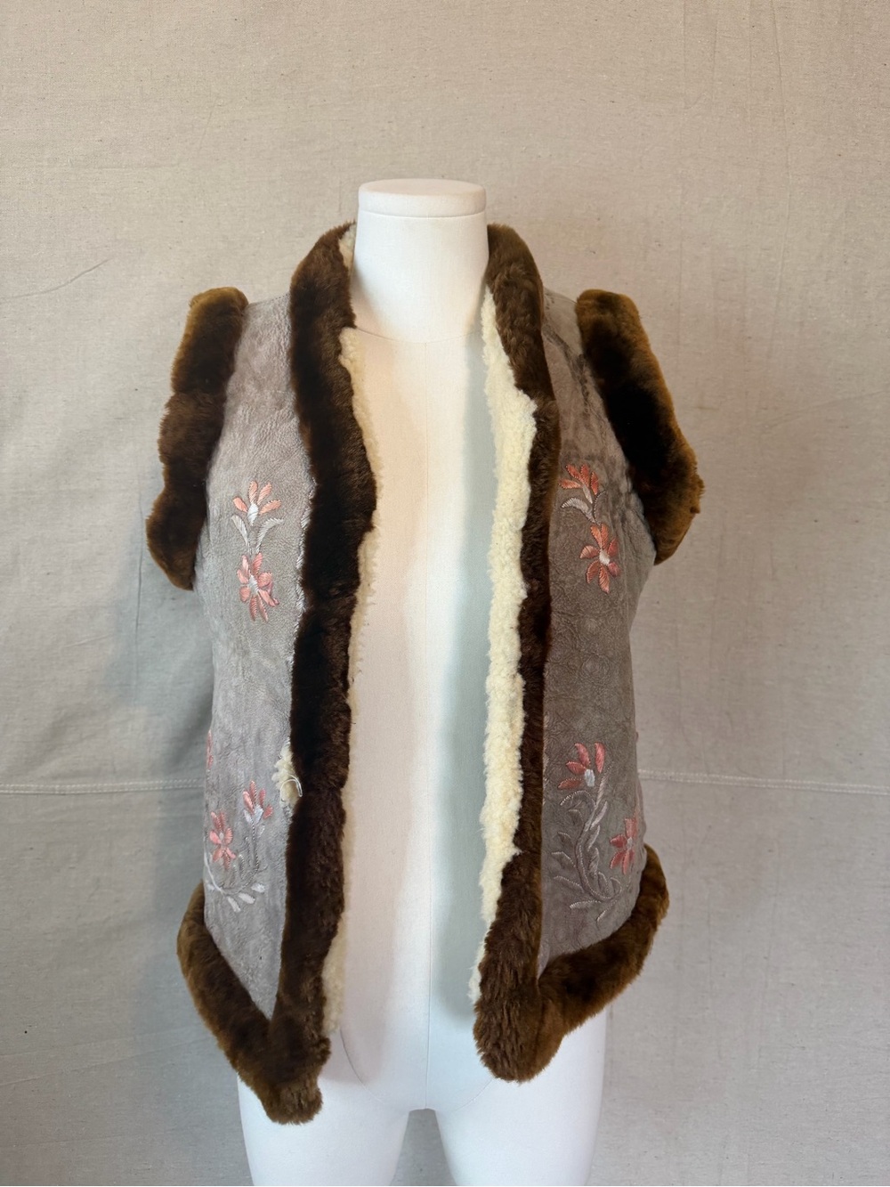 Vintage Embroidered Faux Fur Trim leather Vest - Taupe